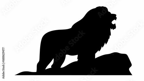 Silhouette of a roaring lion standing on a rock with a full mane and open mouth in black and white color