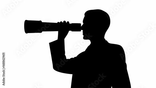 Silhouette of a man in a suit looking through a telescope against a white background in a side view