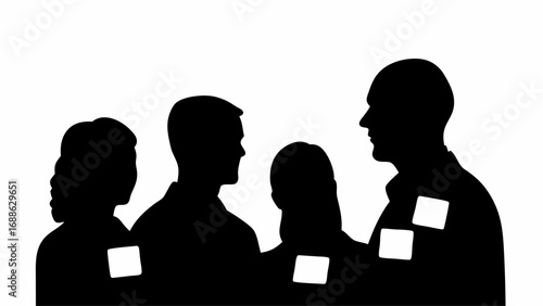 Silhouette of four people with name tags in a meeting or conference setting, black and white image style