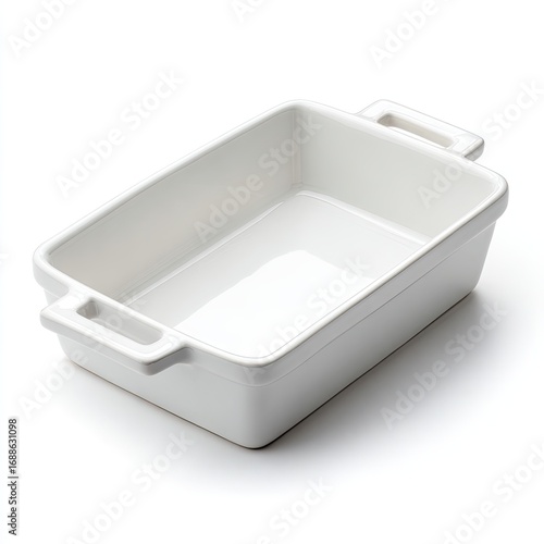A rectangular, off-white ceramic baking dish with two small handles on either side, shown empty against a bright white background
