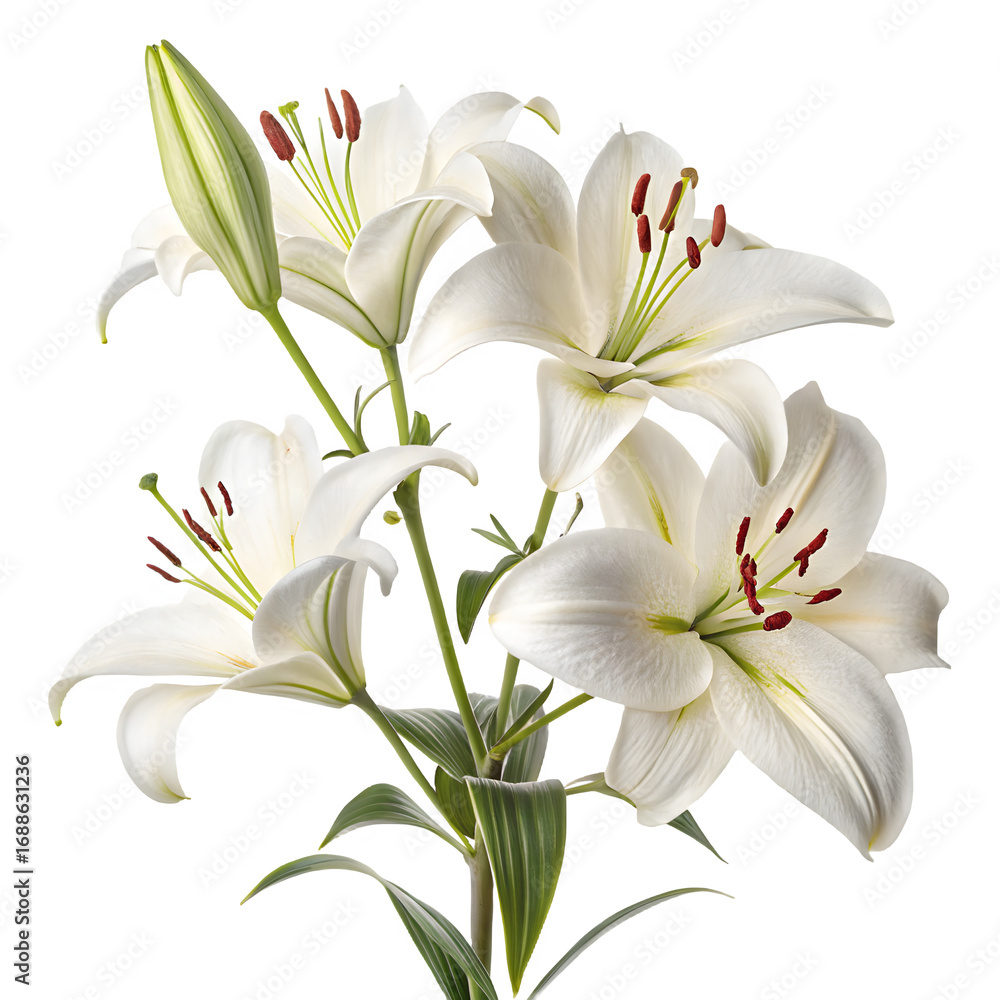 Fototapeta premium Elegant white lilies bloom against a dark background