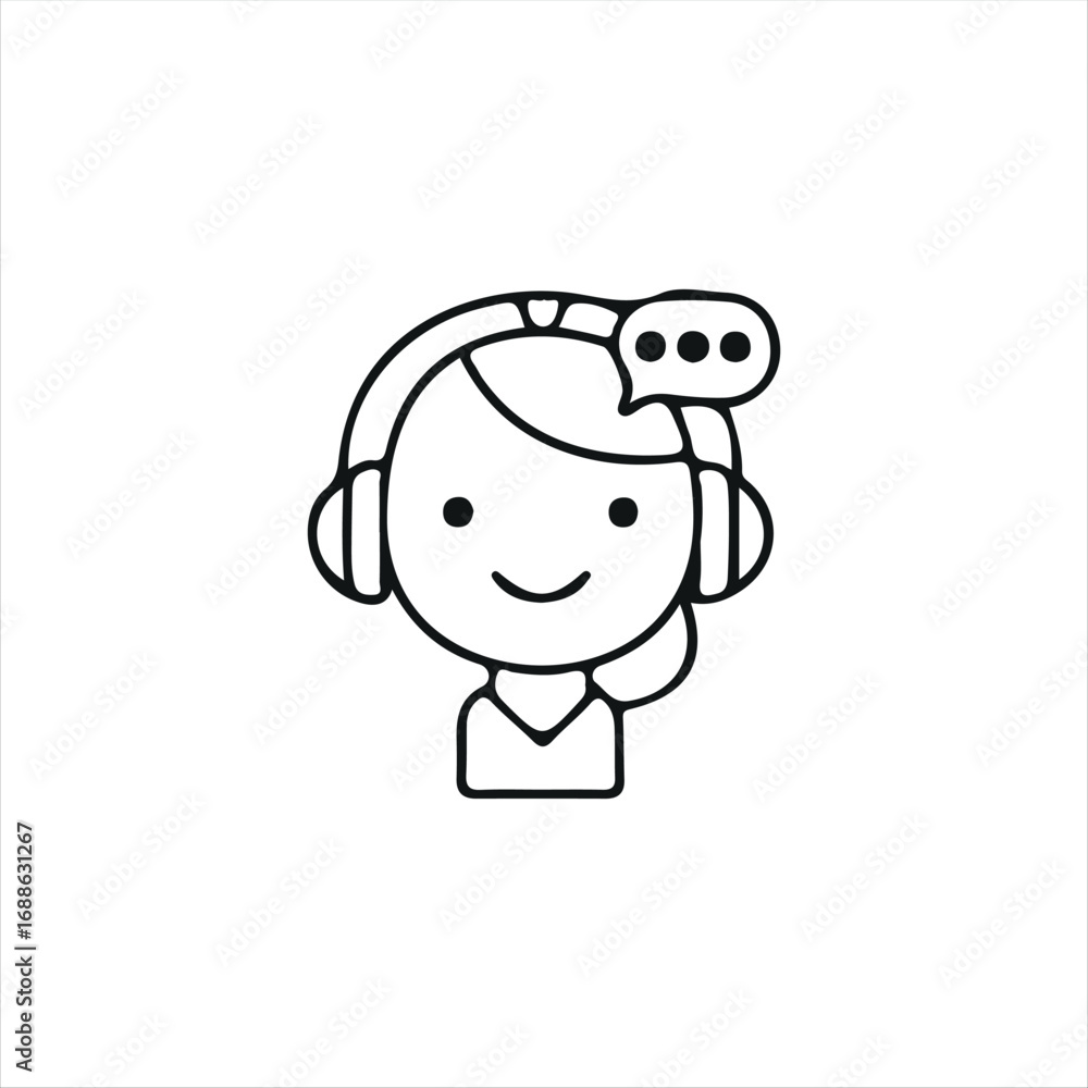 Fototapeta premium A simple line-style chatbot AI icon featuring a smiling robot with a headset inside a smartphone screen and a speech bubble. Perfect for representing customer support, online assistance, and AI-powere
