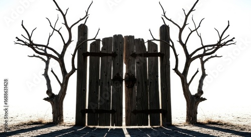 Dark Wooden Gate Flanked by Bare Leafless Trees in Desolate Landscape