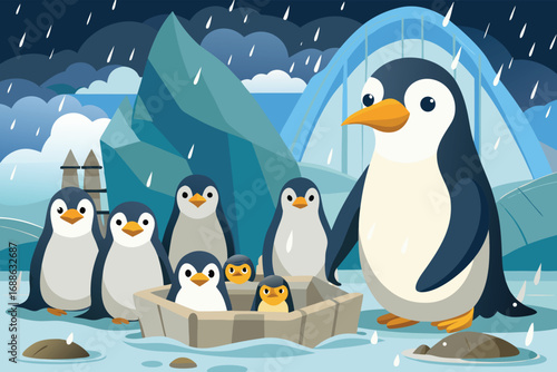 A vibrant illustration showcasing a family of penguins huddled together in a small raft in a rainy, icy environment.