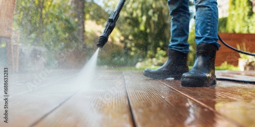 The worker pressure washing a wooden deck in a sunny backyard setting.