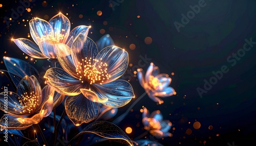 realistic enchanted luminescent flowers with copy space, dark background