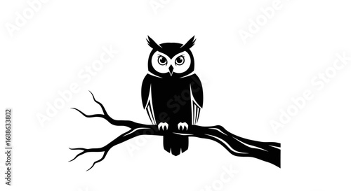 Owl perched on a branch in a serene forest, viewed from the side, illustration