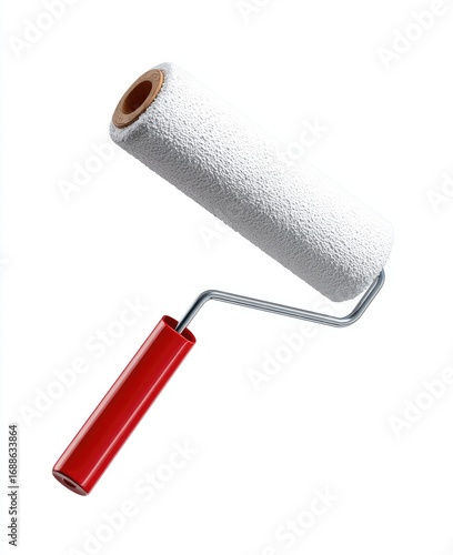 A red-handled paint roller with a fluffy white sleeve, angled against a white background, ready for painting