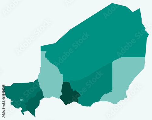 Map of Niger with regions. Just a simple country border map with region division. Teal color palette. Flat Republic of Niger shape with administrative division. Vector illustration.