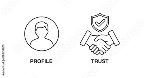 Vector illustration of line art icons representing profile and trust, with a handshake and shield symbol