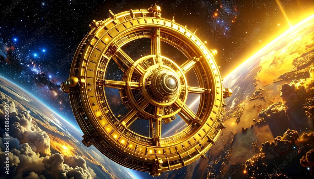 Naklejka premium Golden space station orbiting Earth