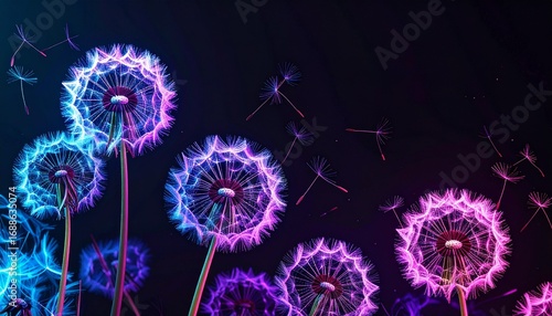 realistic neon glowing dandelions with seeds floating in air with copy space; black background