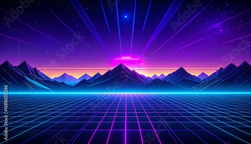 Cyberpunk Retro 80s gradient with neon grid lines
