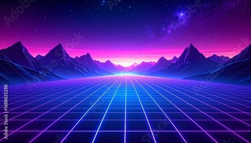 Cyberpunk Retro 80s gradient with neon grid lines