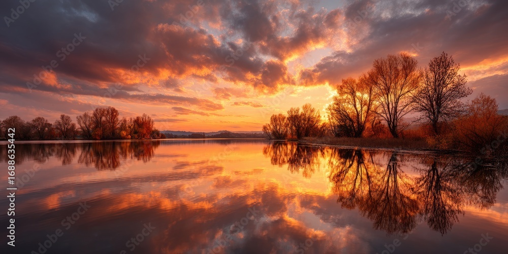 Fototapeta premium A panoramic autumn lake scene at sunset fiery sky