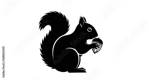 Adorable black silhouette squirrel holding a striped acorn, perfect for autumn themes