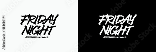 Friday Night is a rough brush script HD with energetic paint strokes and gritty texture, perfect for posters, logos, t-shirts, album covers, bold headlines and edgy branding.