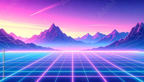 Cyberpunk Retro 80s gradient with neon grid lines