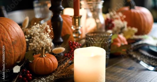 Autumn Table Setting with Pumpkins and Candles.