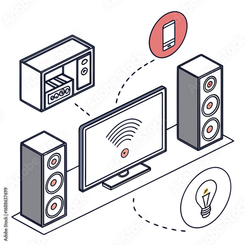Vector art of isometric illustration of a smart home entertainment system, featuring a television, speakers, and connected devices for a modern lifestyle
