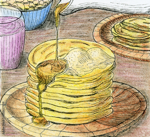 Pancakes with Syrup and Toppings Breakfast Sketch Illustration