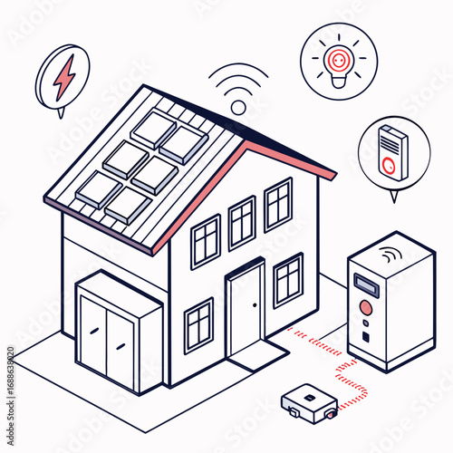 Vector art of isometric illustration of a smart home powered by solar panels and a battery storage system, featuring energy efficiency, automation, and sustainable living