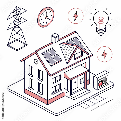 Vector art of isometric illustration of a house with solar panels on the roof, clock, power line, light bulb, and electric meter concept for renewable energy and smart home