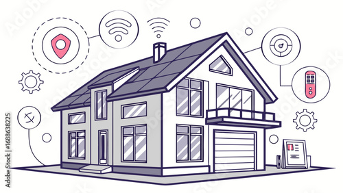 Vector art of a modern smart home with integrated technology, showcasing the interconnectedness of home systems and devices for automation, security, and convenience