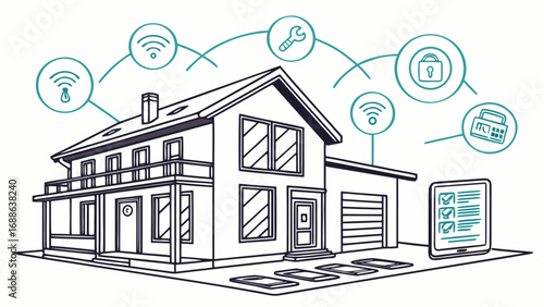 Vector art of a modern smart home with integrated technology, showcasing the interconnectedness of home systems and devices for automation, security, and convenience
