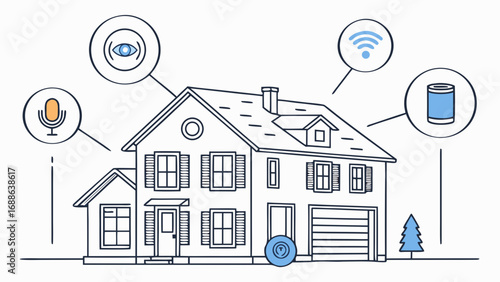 Vector art of smart home automation system with various features, including security camera, wifi, smart speaker, and robotic vacuum the epitome of modern convenience