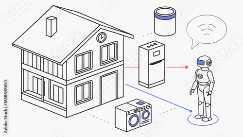 Vector art of smart home automation system with robot assistant, featuring a smart refrigerator, washing machine, and house the future of connected living