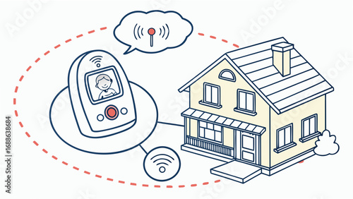 Vector art of a modern illustration depicting a medical alert system connecting a senior citizen to their home, emphasizing safety, security, and peace of mind for elderly individuals