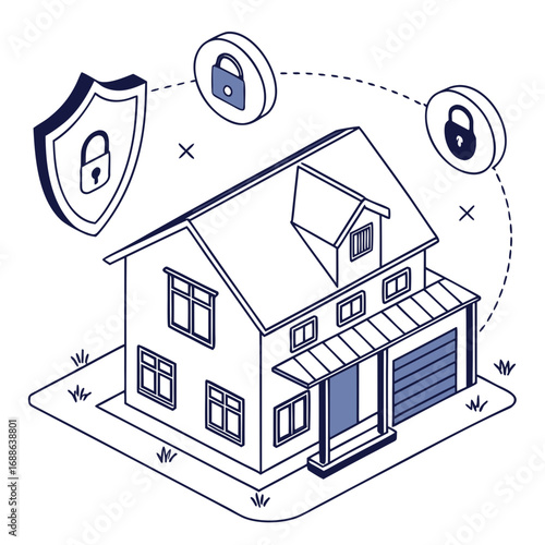 Vector art of isometric outline illustration depicting a secure home with a shield and padlocks, showcasing modern security measures and protection for residential properties