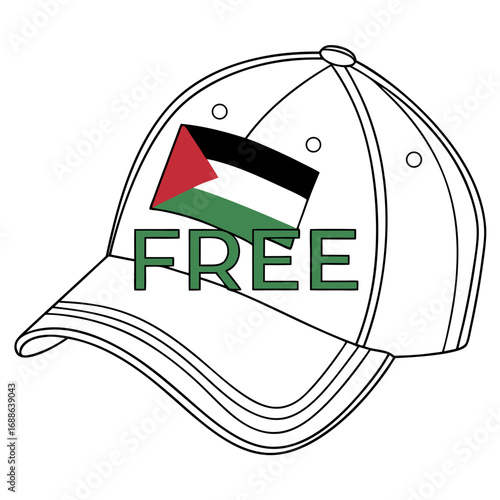 Vector art of digital illustration of a white baseball cap adorned with the palestinian flag and the word free in green, representing the call for a free palestine