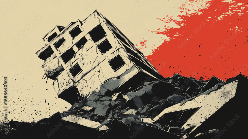 Fototapeta premium Collapsed building with debris and red background in abstract style 
