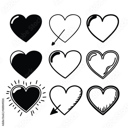 A collection of nine black and white heart illustrations is isolated on white background showcasing various styles and designs