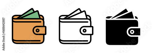 Wallet icons set. Flat icon, line icon an solid black icon. Money vector simple illustrations collection