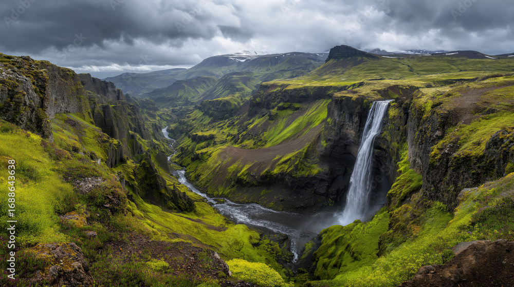 Obraz premium Icelandic waterfall surrounded by mossy cliffs, dramatic wide-angle perspective.