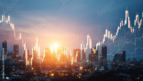 Wallpaper Mural City skyline silhouetted at dusk, overlaid with a stock market graph. The sun sets behind buildings, creating a hazy, illuminated, financial cityscape Torontodigital.ca