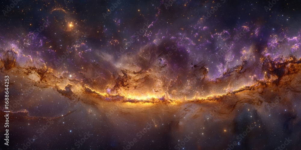 Obraz premium An awe-inspiring panorama of the universe showing a massive nebula glowing with swirling orange, purple, and cyan light, countless stars shining like diamonds scattered in infinite blackness.