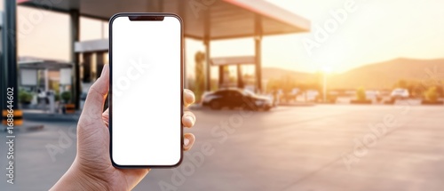 The smartphone held in hand at a gas station during sunset.