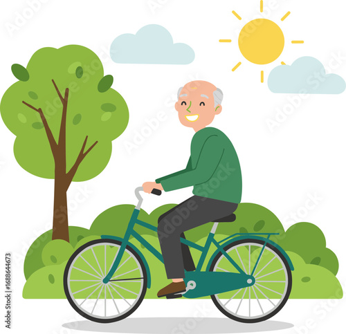 Elderly man riding a green bicycle in sunny park with trees  