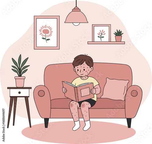Young boy reading a book while sitting on a sofa at home  