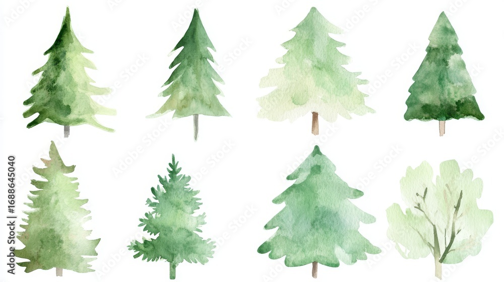 Obraz premium 72.A series of beautifully painted watercolor Christmas trees, ranging from tall and narrow to short and full. Each tree is depicted in soft green hues, with subtle shading and highlights to add