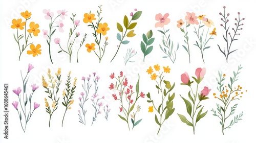97.A set of beautifully hand-drawn floral elements for spring, highlighting a variety of wildflowers, leaves, and branches in vibrant colors. The illustrations feature fine linework with soft,