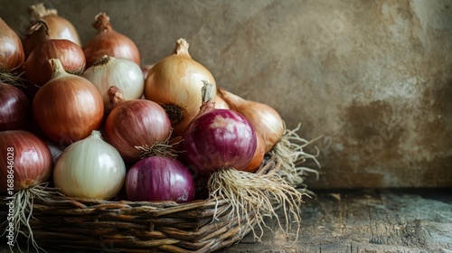 92.A vibrant display of Allium Cepa onions in a rustic composition, piled high to showcase their variety. The onions have layers of papery skins in warm hues, with visible roots and natural
