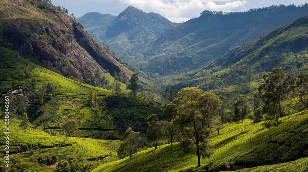 Fototapeta premium Peaceful tea plantations rolling across emerald hills.