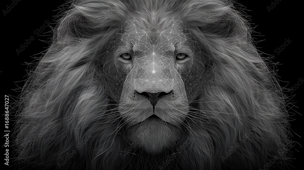 Naklejka premium Wireframe Art Portrait of Lion Head with Textured Mane