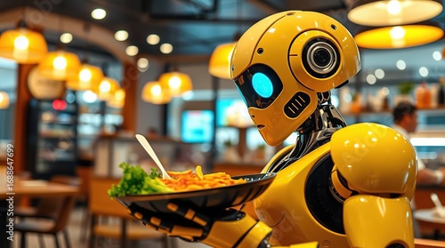 Robot eating pasta in restaurant.