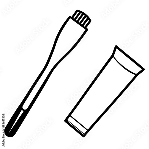 Toothbrush and toothpaste line art vector illustration 